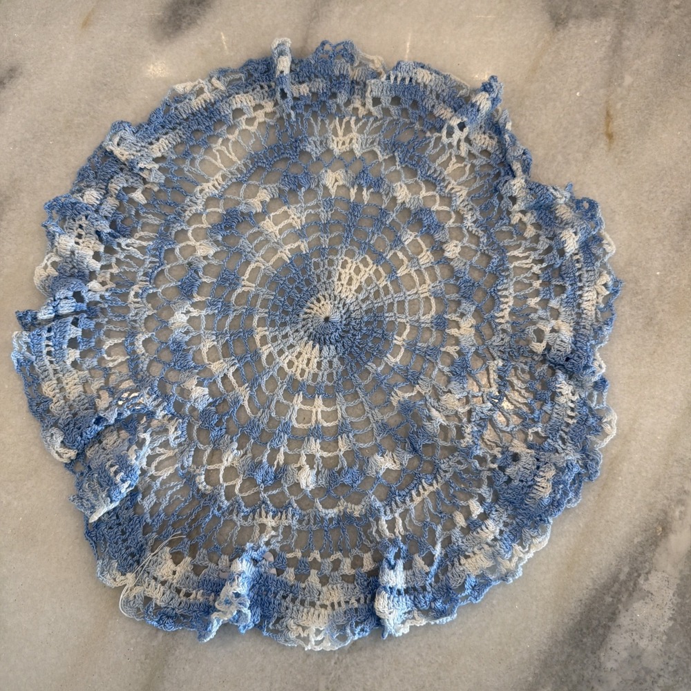 Vintage Hand Crocheted Doily Baby Blue And White